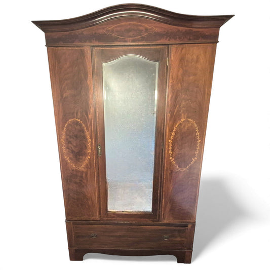Edwardian mahogany wardrobe with mirrored door and floral inlay
