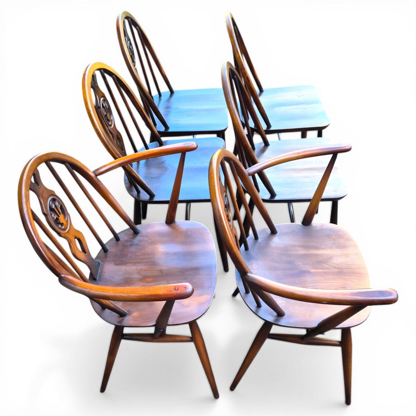 ercol windsor dining chairs set of 6 elm beech vintage uk side view