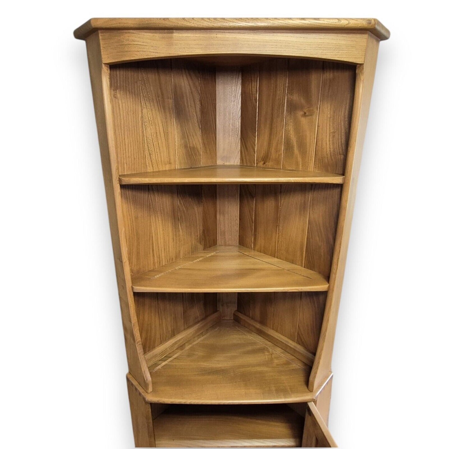 Vintage Ercol corner unit – close-up of open display shelves