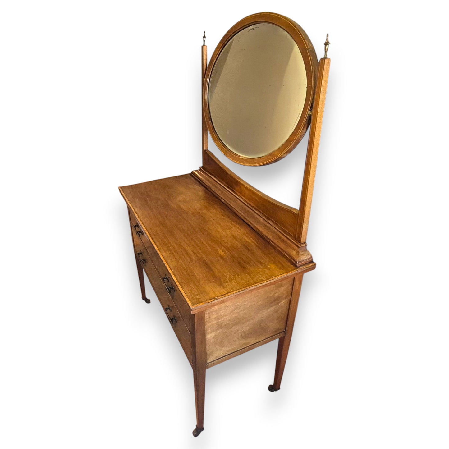 Antique Edwardian Mahogany Veneer Dressing Table with Foxed Bevelled Mirror