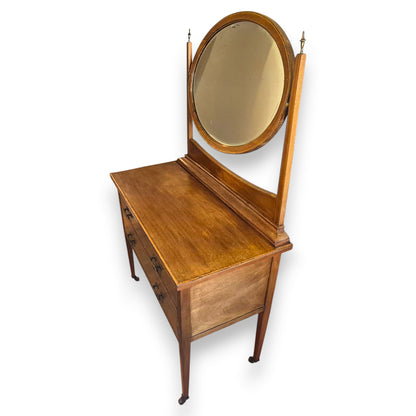 Antique Edwardian Mahogany Veneer Dressing Table with Foxed Bevelled Mirror