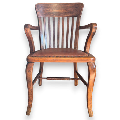 Antique Oak Captains Armchair with Leather Seat | Early 20th Century Desk Chair