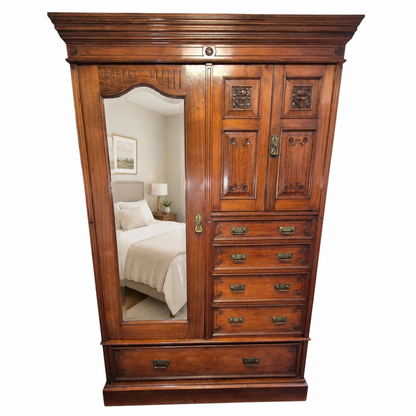 Open Victorian walnut compactum wardrobe with internal shelves, drawers and original fitted storage layout