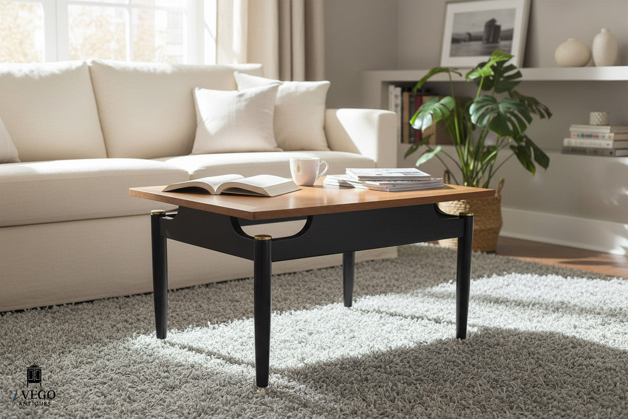 Mid-century G Plan Librenza coffee table showing ebonised base and proportions