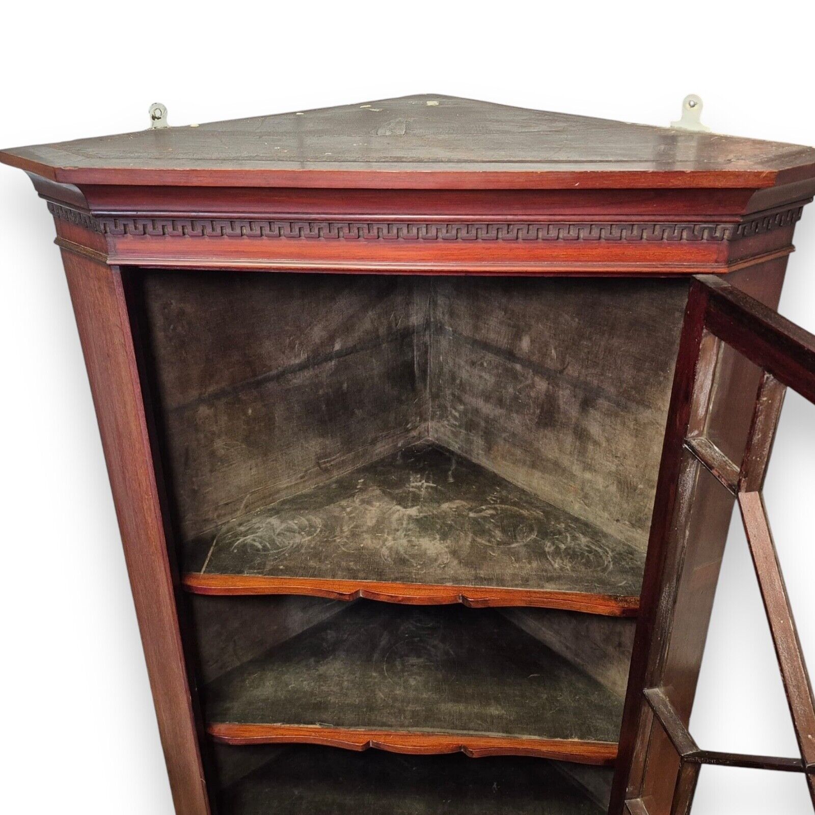 George III corner cabinet – door open showing interior shelves