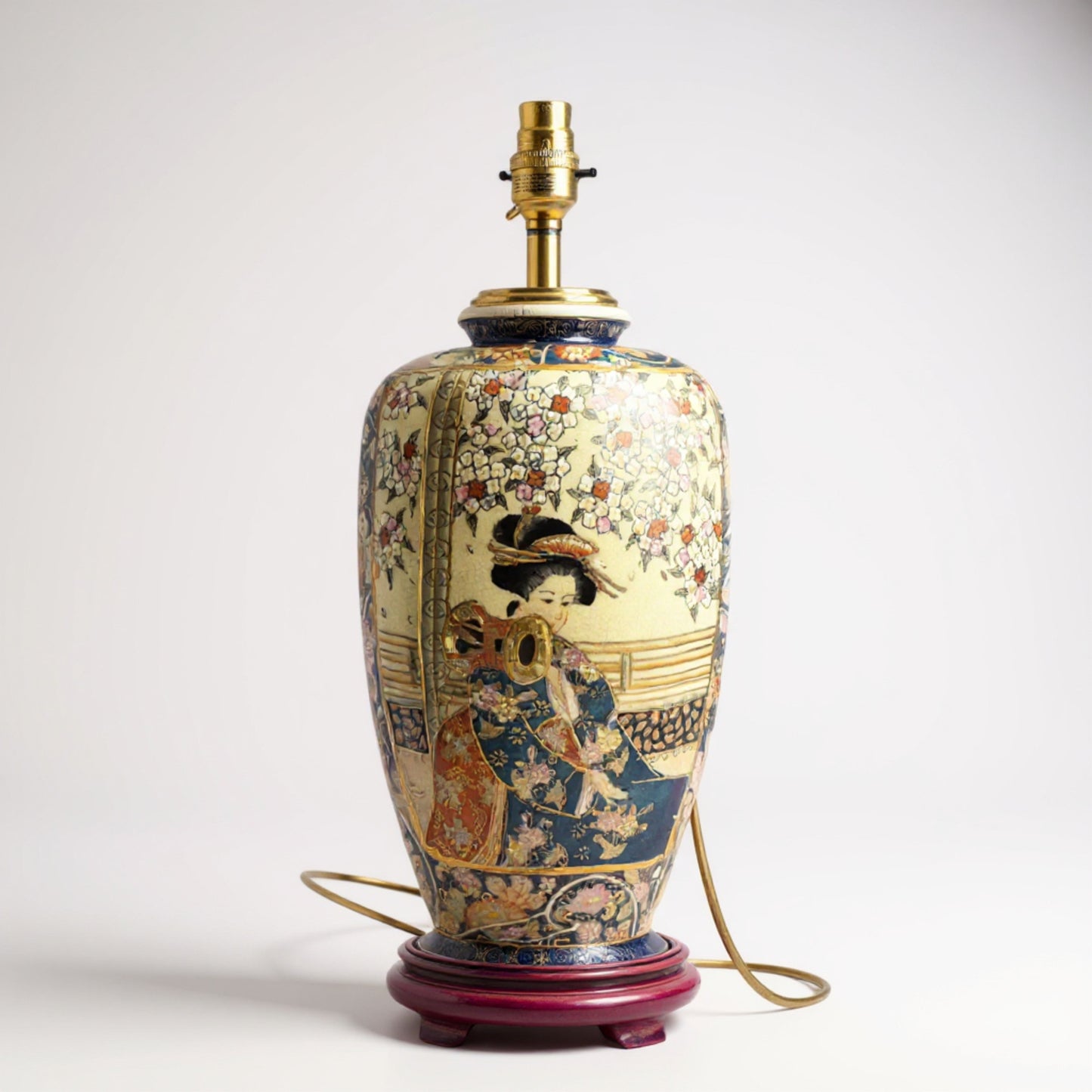 Close-up of hand-painted Geisha scene on Satsuma ceramic lamp