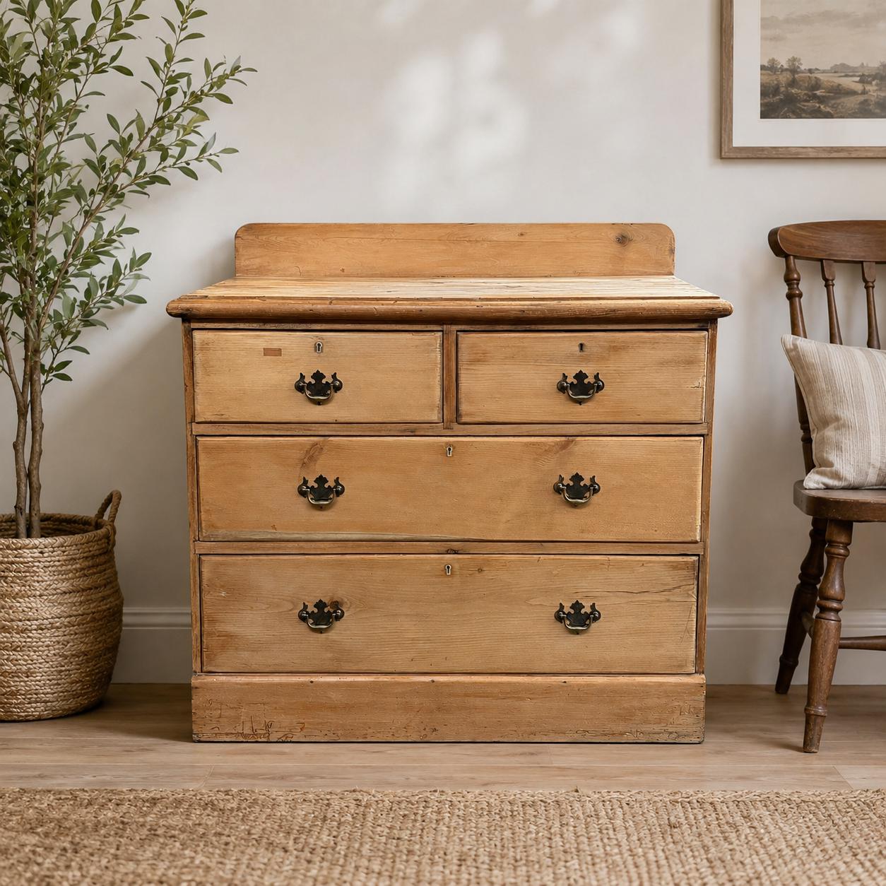 Antique Pitch Pine Chest of Drawers | Natural Waxed 2 Over 2 Pine Chest