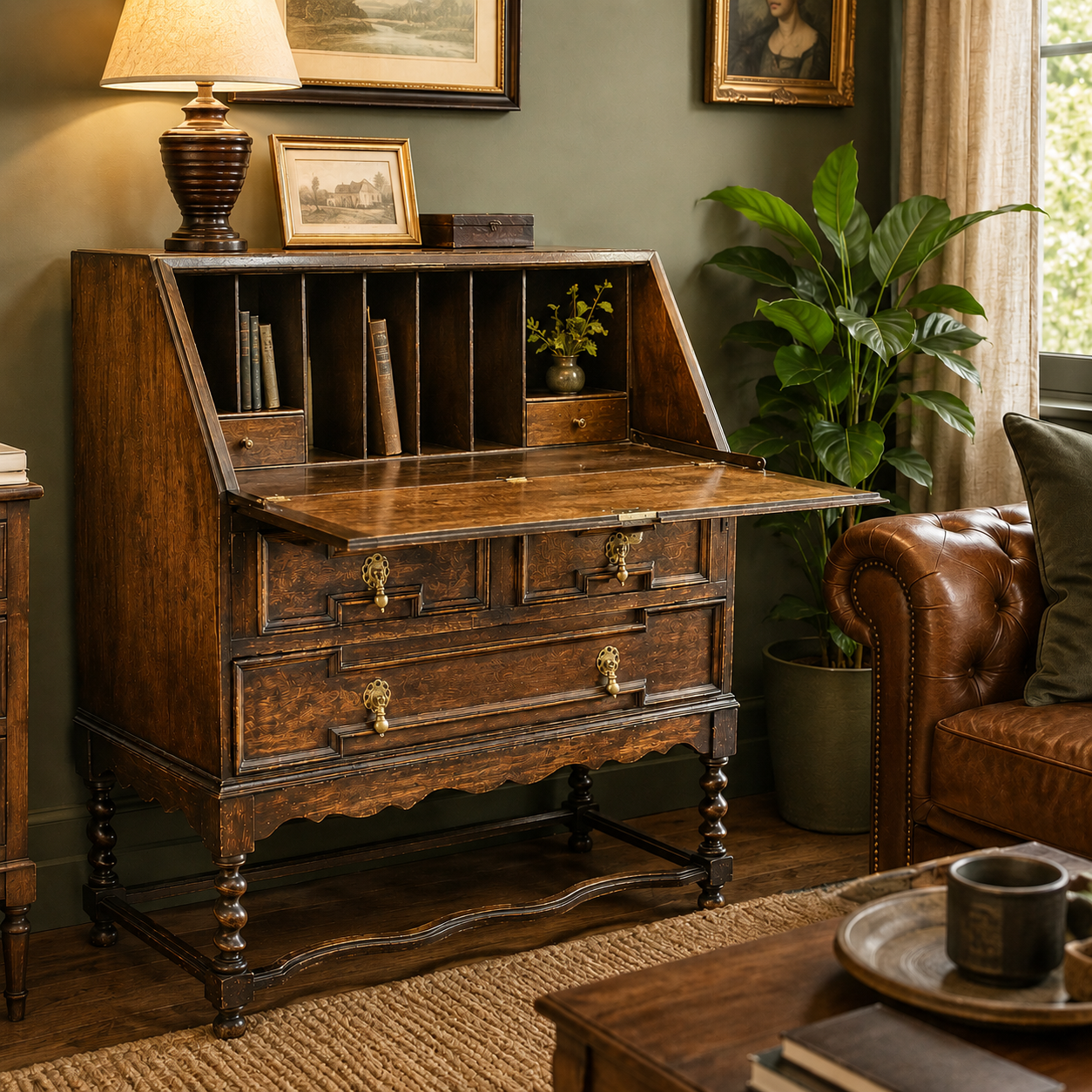 Antique Victorian Jacobean Revival Oak Bureau c.1890–1910