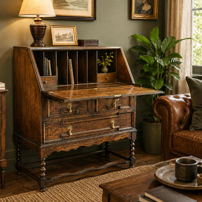 Antique Victorian Jacobean Revival Oak Bureau c.1890–1910