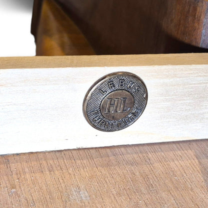 Close up of Lebus maker’s badge inside drawer confirming authenticity