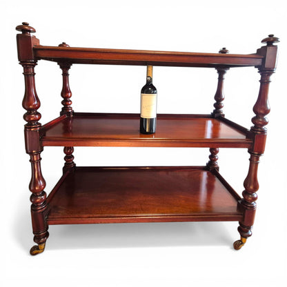 Antique Victorian Mahogany Dumb Waiter c1860 | 3 Tier Server Trolley with Brass & Porcelain Castors