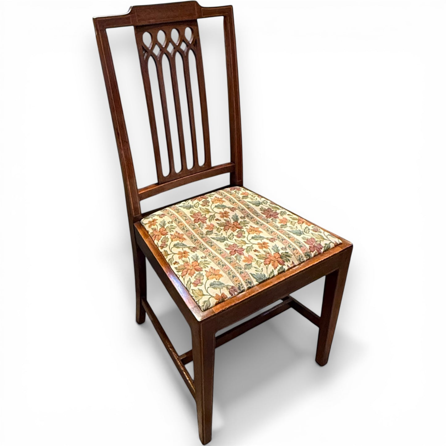 Mahogany inlaid dining chairs Edwardian period seat and back detail -angled view