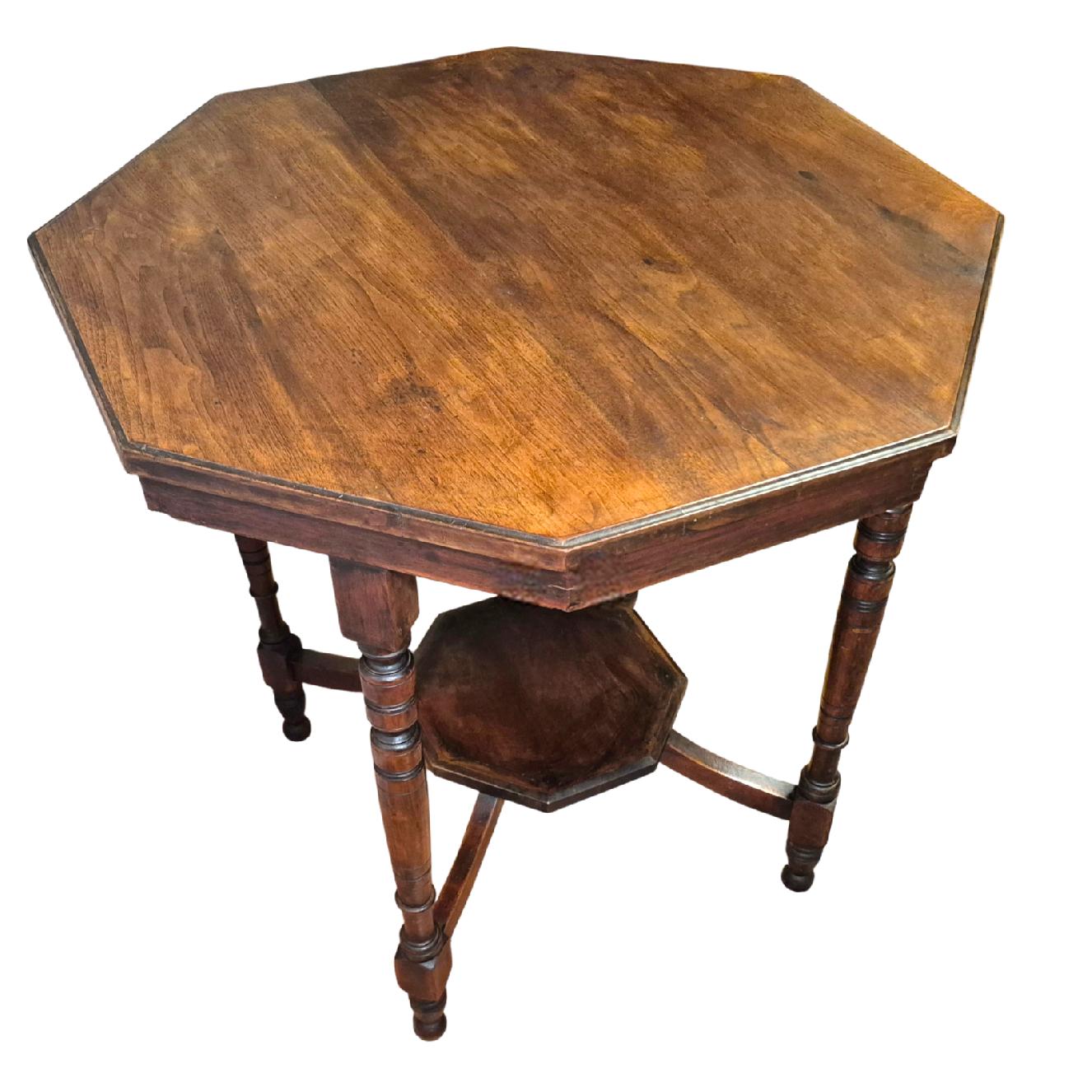 Close-up of mahogany octagonal tabletop with patina