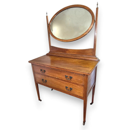 Antique Edwardian Mahogany Veneer Dressing Table with Foxed Bevelled Mirror