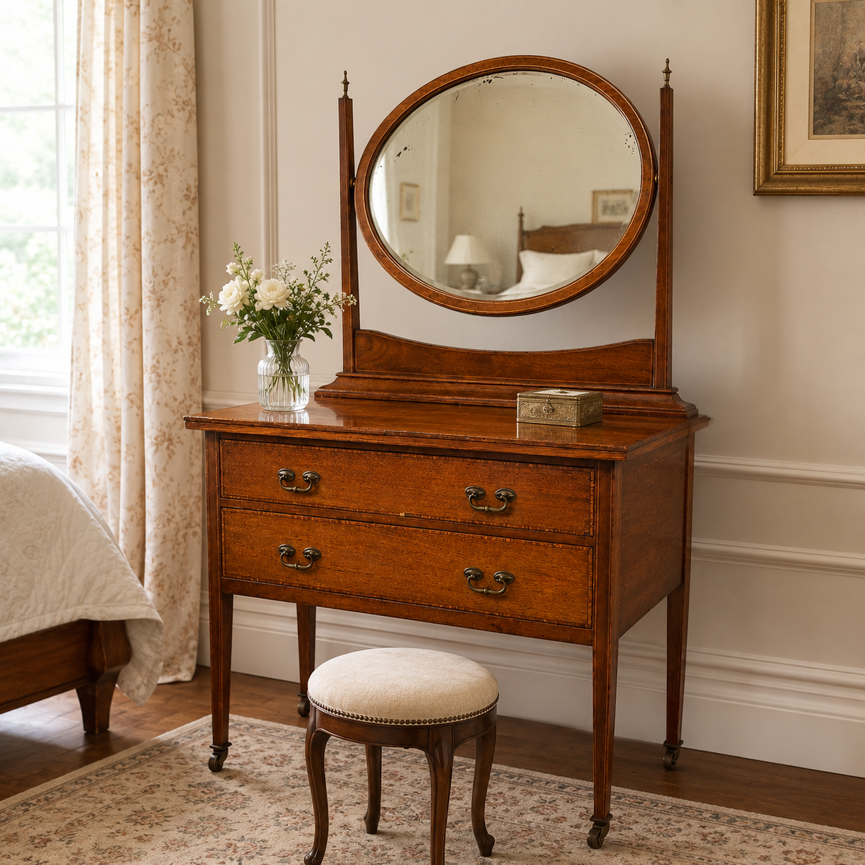 Staged antique Edwardian mahogany dressing table in a neutral vintage bedroom setting