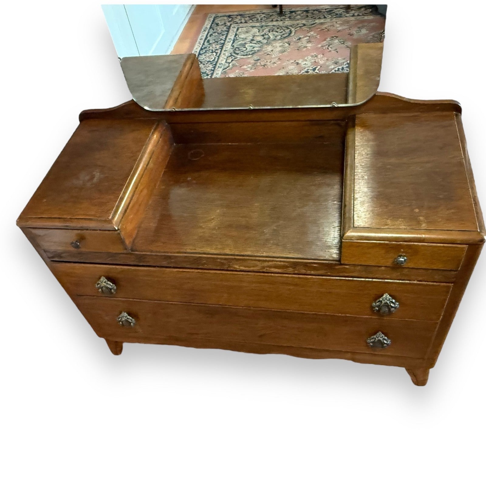 Top view of mid-century oak dressing table with drawers and mirror