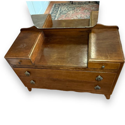 Top view of mid-century oak dressing table with drawers and mirror