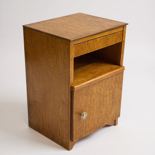 Vintage oak nightstand – angled view highlighting oak grain and warm tone