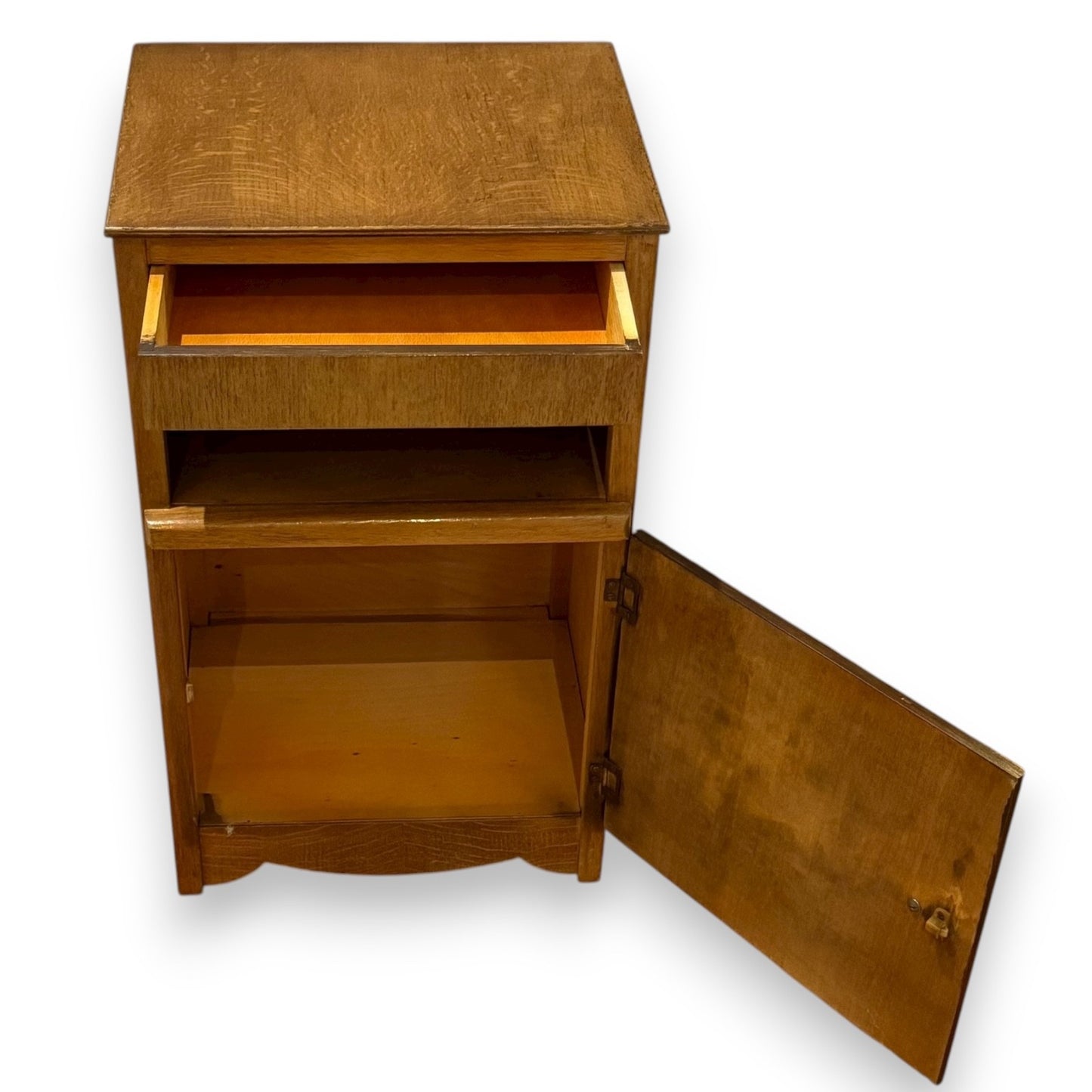 Mid-century bedside table – door open showing lower storage cupboard
