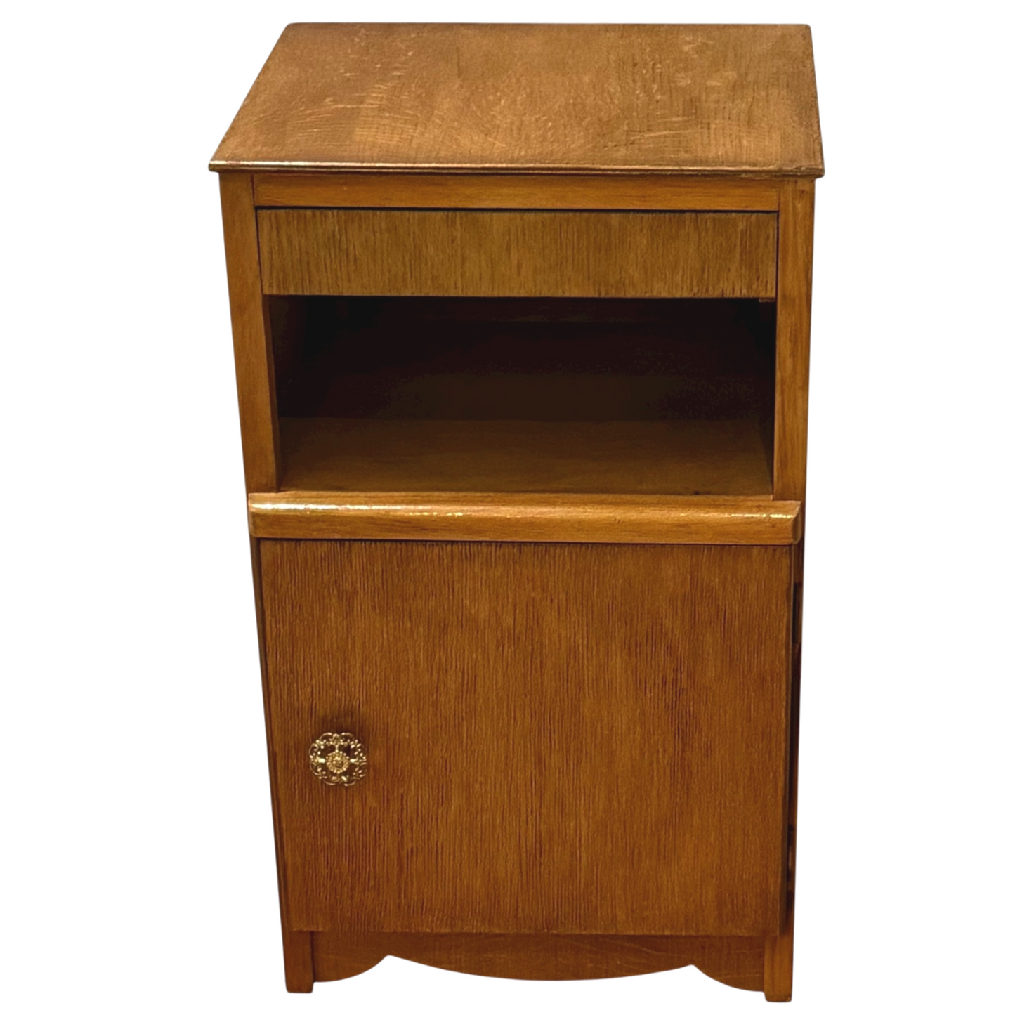 Mid-century oak veneer bedside table – front view showing drawer, shelf, and cupboard