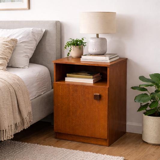 Mid century Remploy teak bedside cabinet with open shelf and cupboard