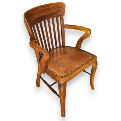 Antique Oak Captains Armchair with Leather Seat | Early 20th Century Desk Chair