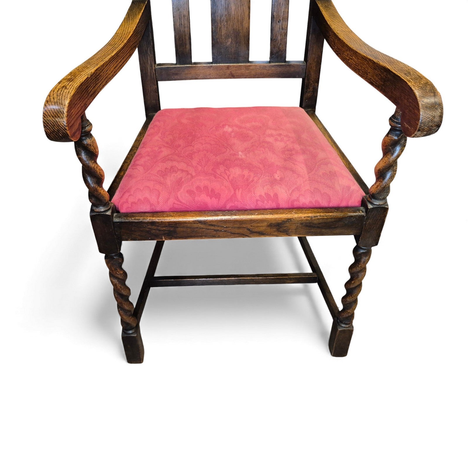 Close-up of barley twist legs and stretcher base on oak hall chair