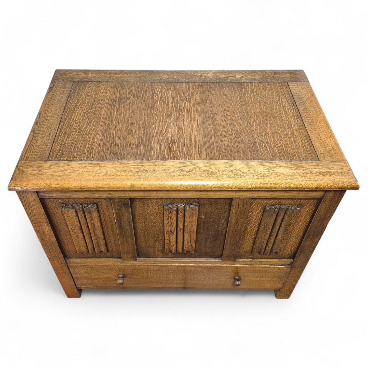 1960s vintage oak blanket box with carved linenfold panel front