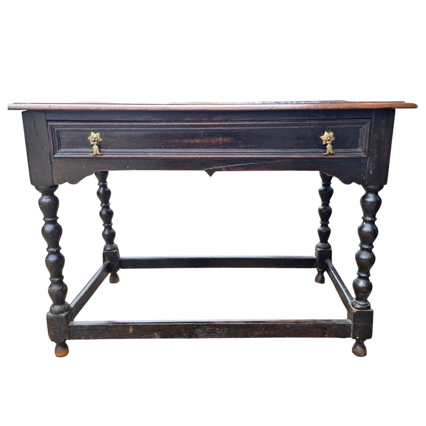 Antique oak side table with drawer and brass handles — 18th-century style English country furniture.