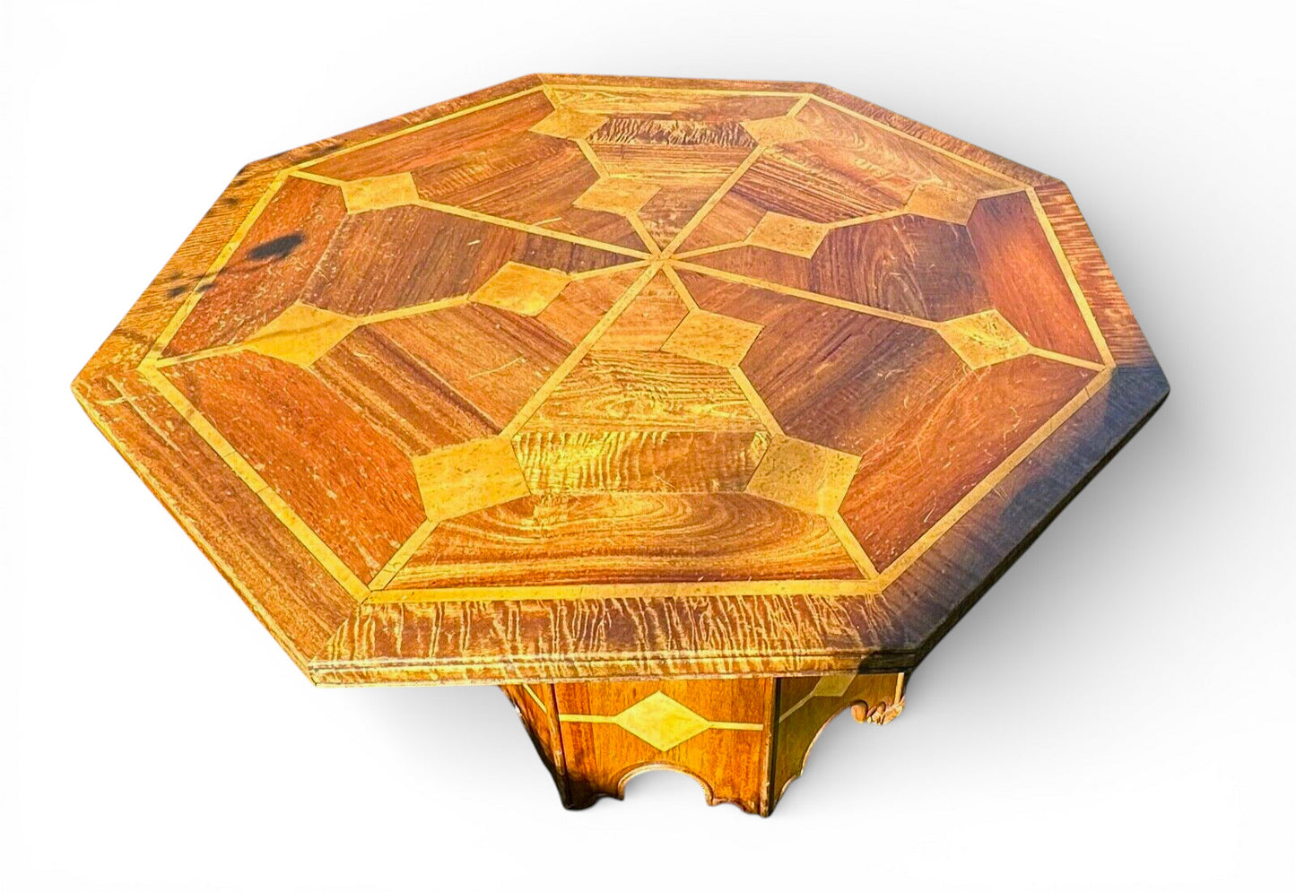 Octagonal top of mid-century Danish walnut dining table with marble inlay