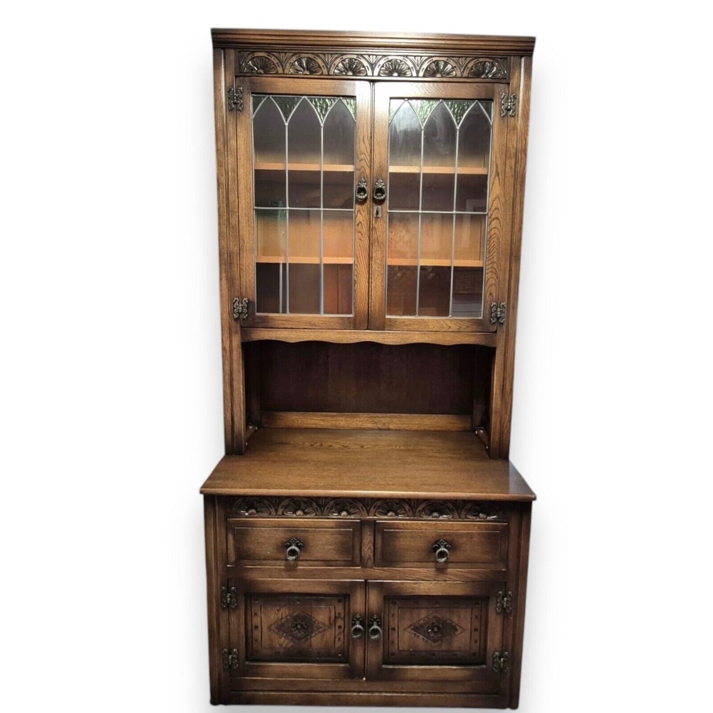 Old Charm oak Arts and Crafts bookcase and cupboard – front view showing shelves and base cabinet