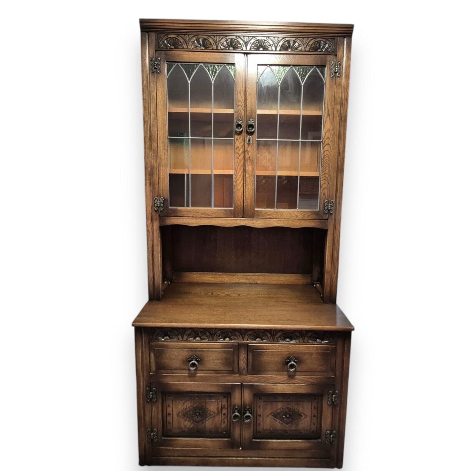 Old Charm oak Arts and Crafts bookcase and cupboard – front view showing shelves and base cabinet
