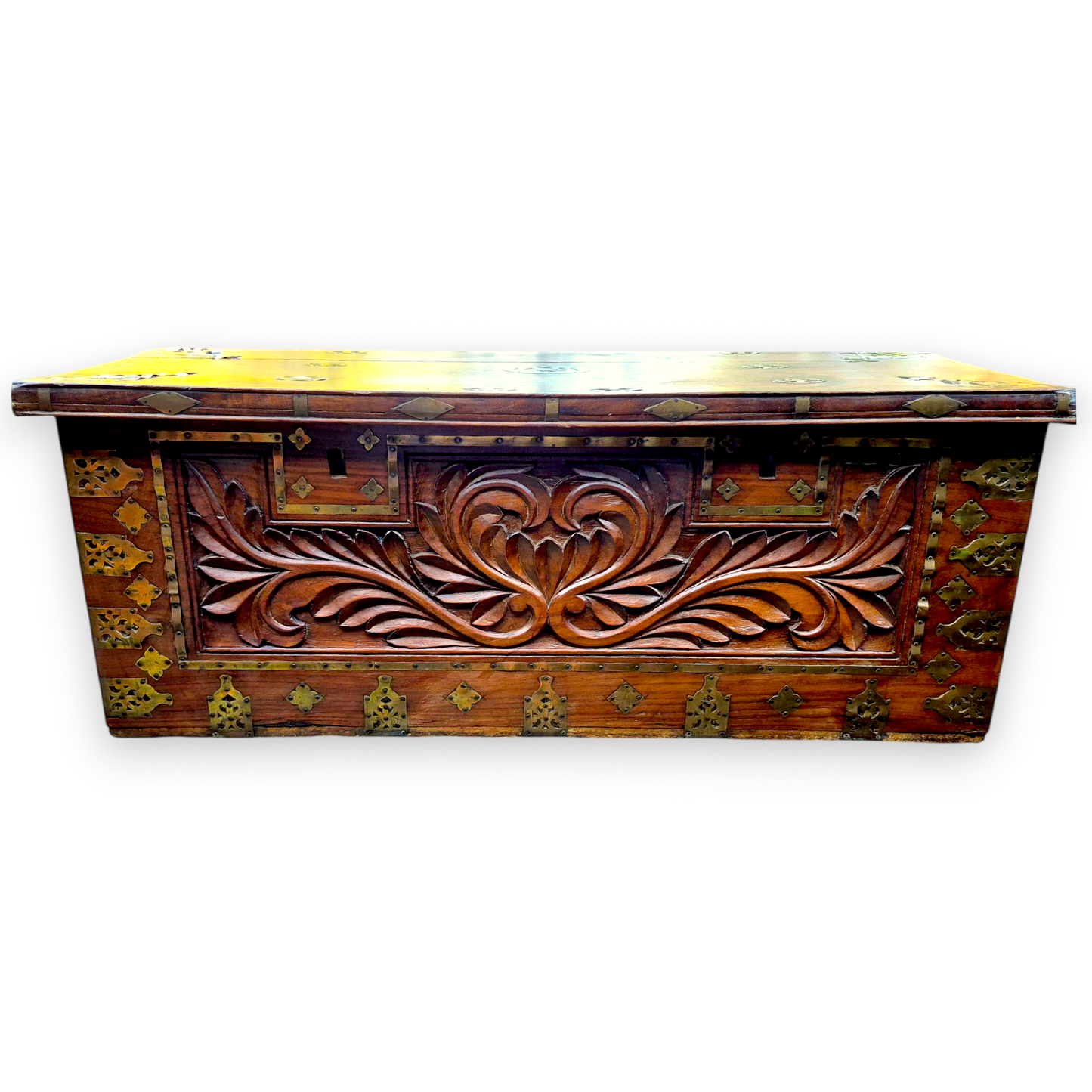 Antique padouk box with carved front and decorative brass mounts