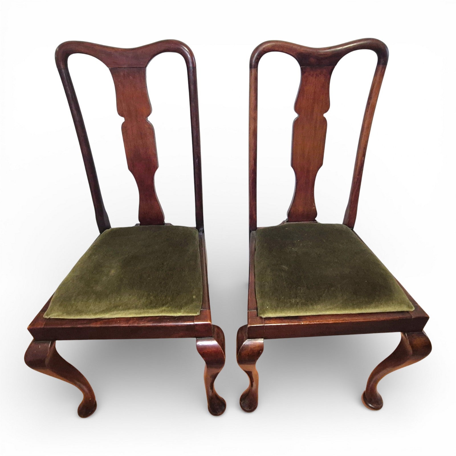 Pair of Queen Anne Style Mahogany High Back Dining Chairs Upholstered Seats