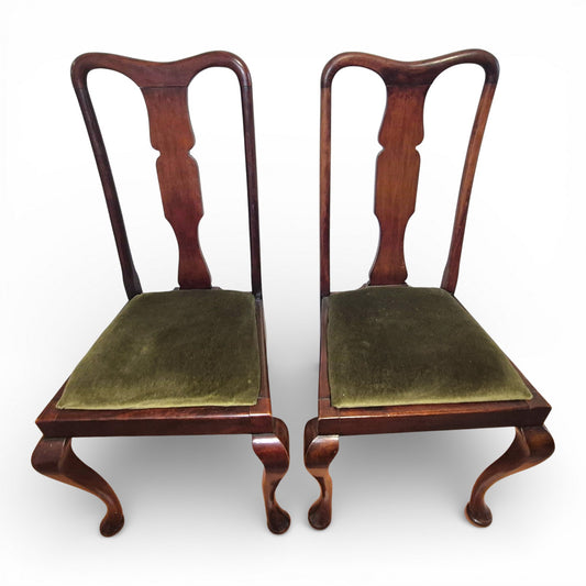 Pair of Queen Anne Style Mahogany High Back Dining Chairs Upholstered Seats