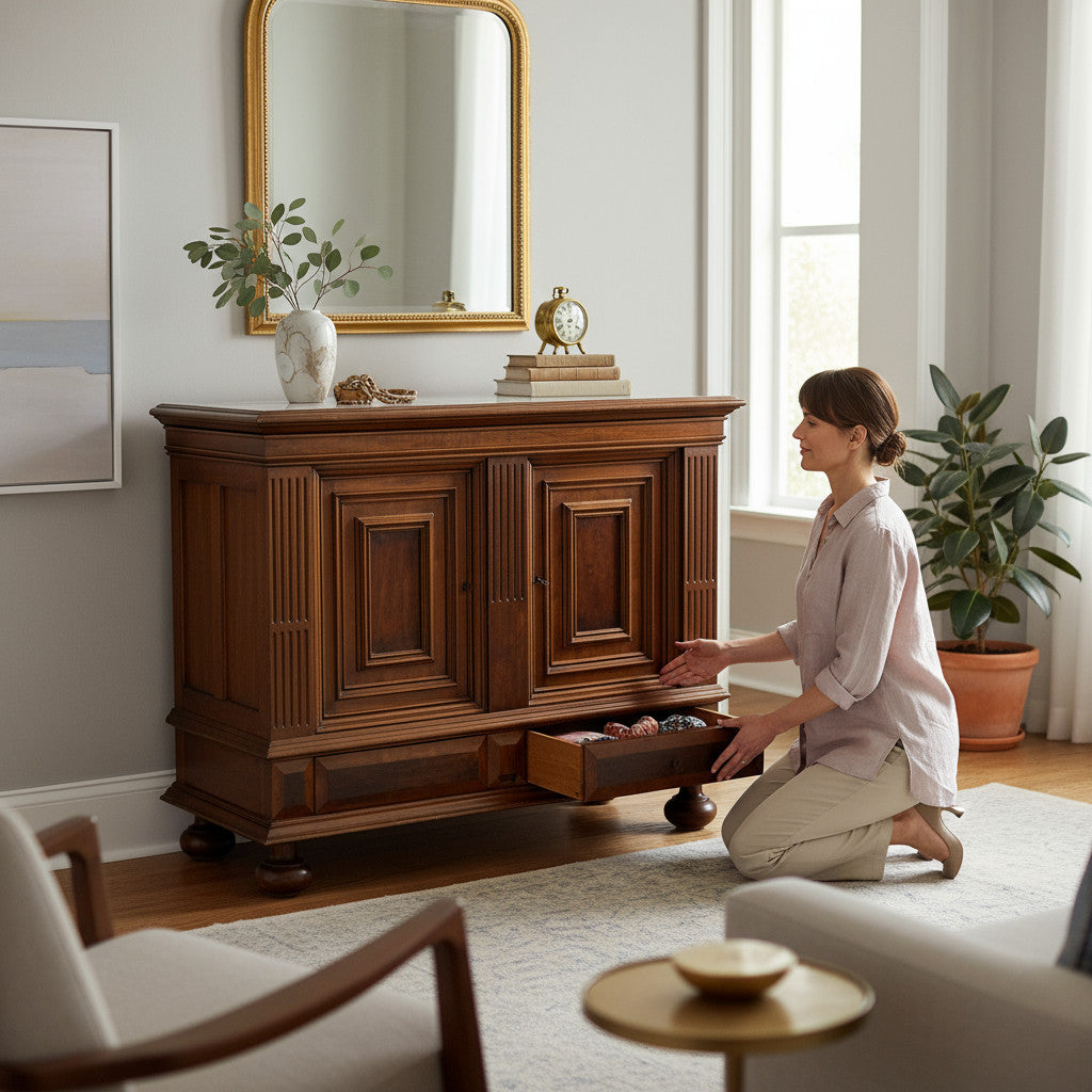 Elegant antique wooden sideboard in a bright, stylish living room — timeless craftsmanship and vintage home décor from Avego Antiques.
