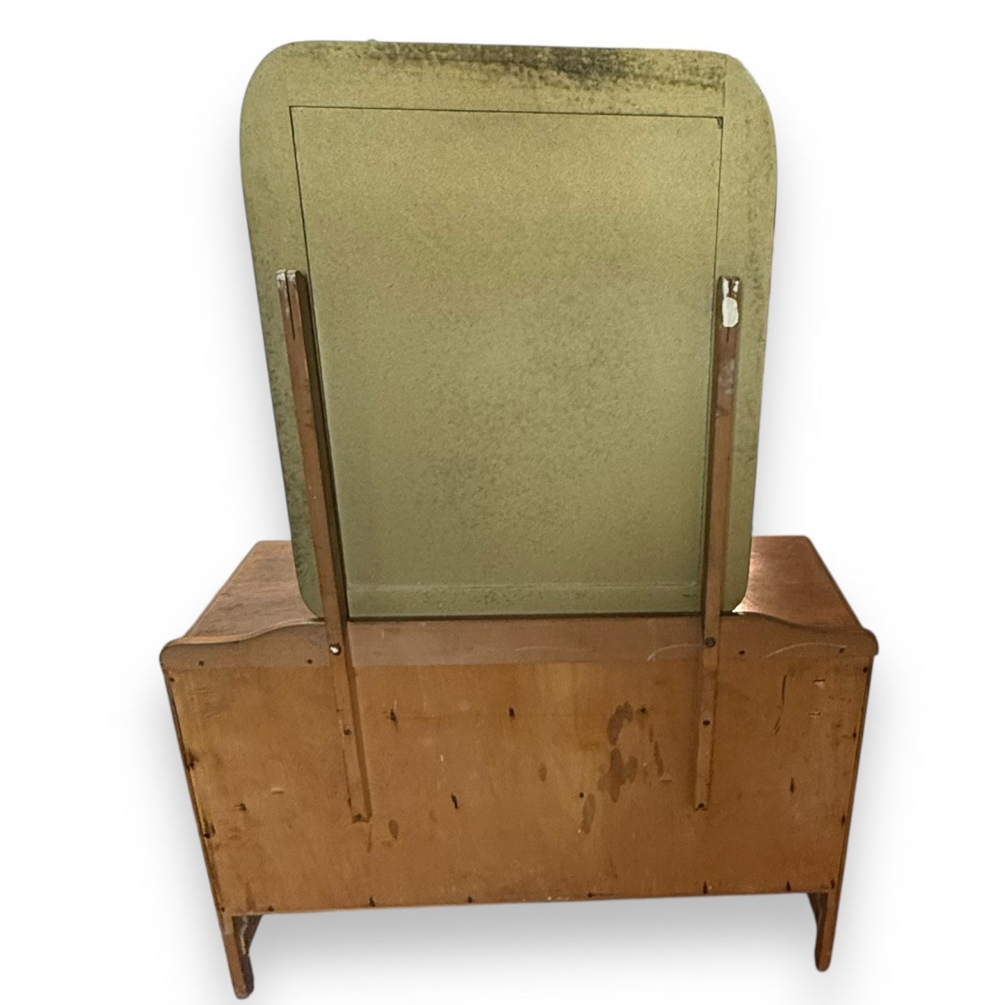 Rear view of mid-century oak dressing table with drawers and mirror