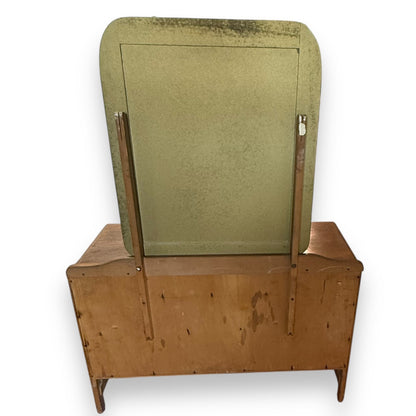 Rear view of mid-century oak dressing table with drawers and mirror