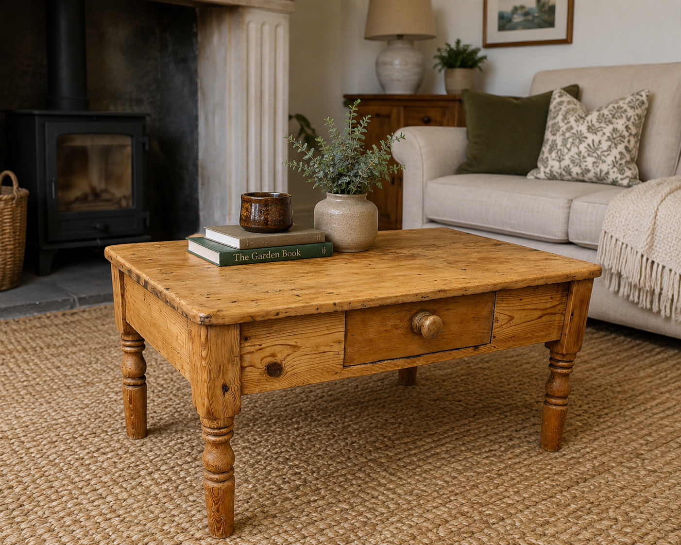 Rustic solid pine coffee table featuring warm natural wood grain and farmhouse styling
