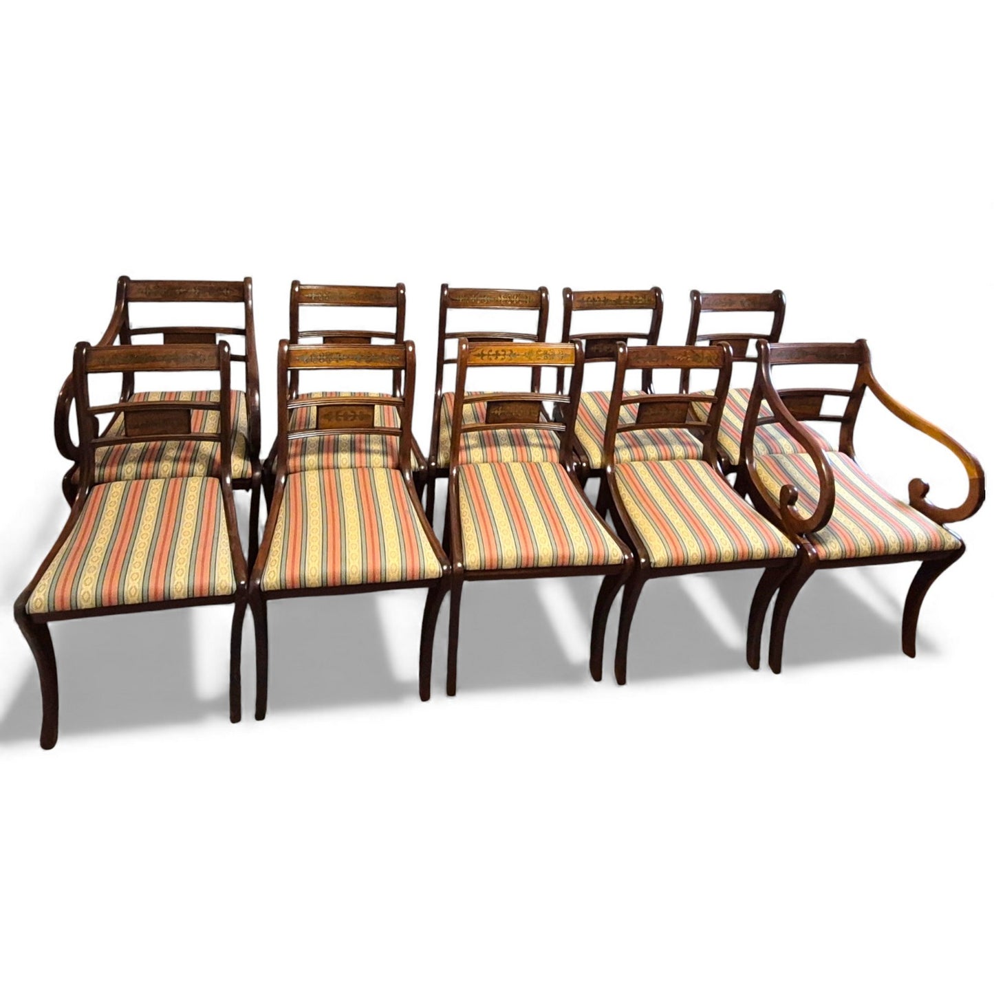 Set of 10 Regency style mahogany dining chairs with brass inlay