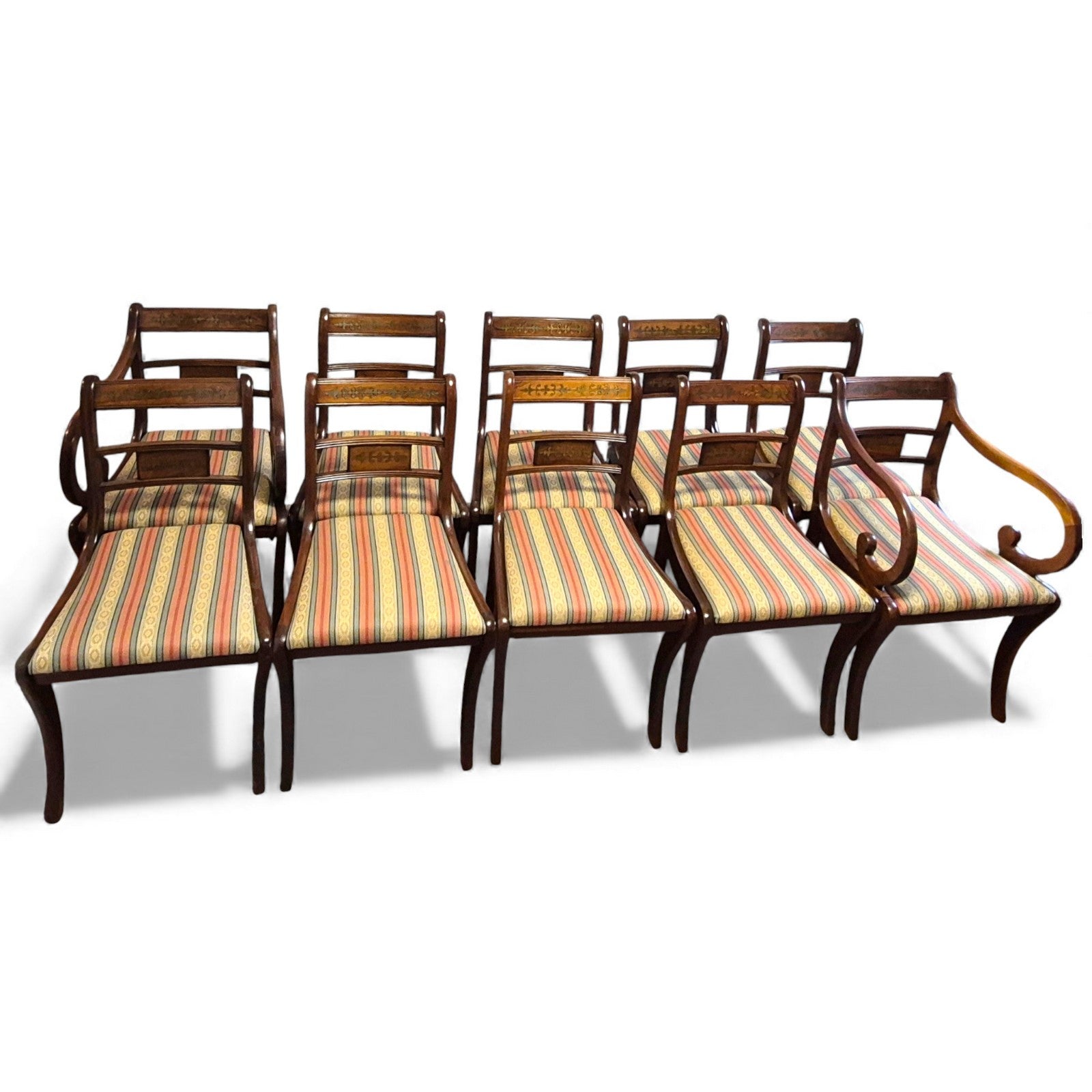 Set of 10 Regency style mahogany dining chairs with brass inlay