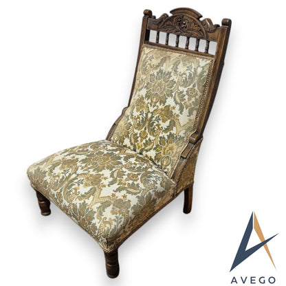 Antique Victorian Upholstered Bedroom/ Lounge / Nursing Low Chair Carved Walnut