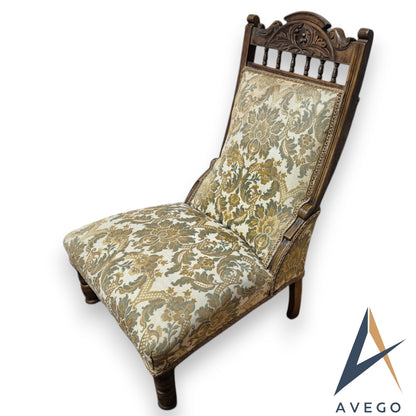 Antique Victorian Upholstered Bedroom/ Lounge / Nursing Low Chair Carved Walnut