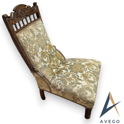 Antique Victorian Upholstered Bedroom/ Lounge / Nursing Low Chair Carved Walnut