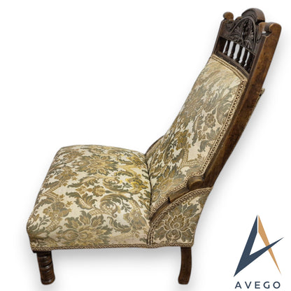 Antique Victorian Upholstered Bedroom/ Lounge / Nursing Low Chair Carved Walnut