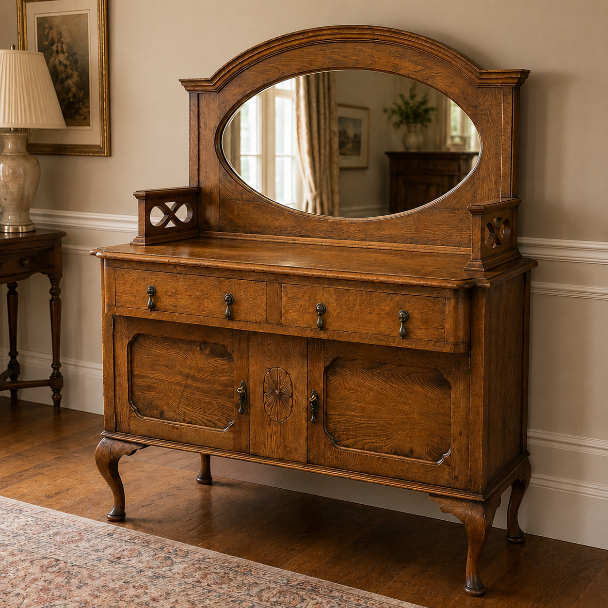 Antique Oak Sideboard Cabinet Oval Mirror Arts & Crafts Style Dresser