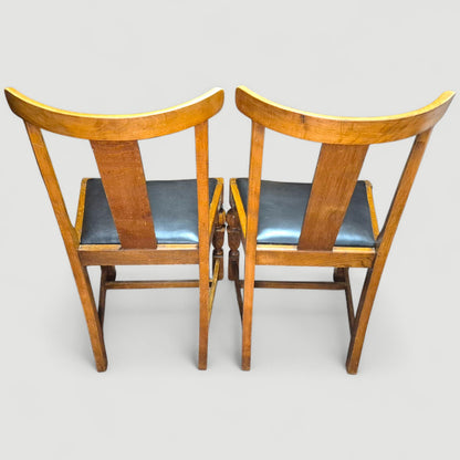 Set of 4 Vintage 1920s Honey Oak Dining Chairs – Carved Detail & Black Upholstered Seats