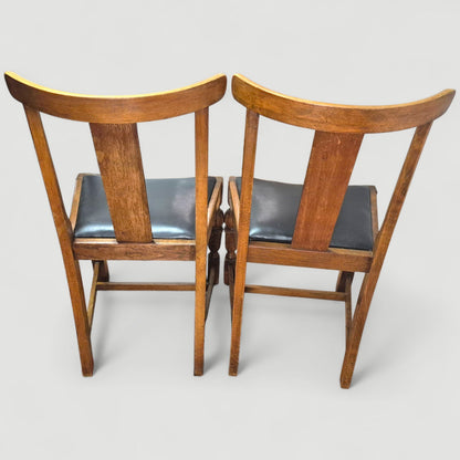 Set of 4 Vintage 1920s Honey Oak Dining Chairs – Carved Detail & Black Upholstered Seats