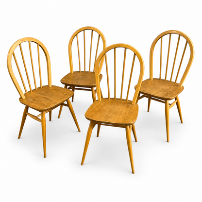 Set of 4 Vintage Ercol Windsor Dining Chairs | Mid-Century Elm & Beech Hoop Back Chairs