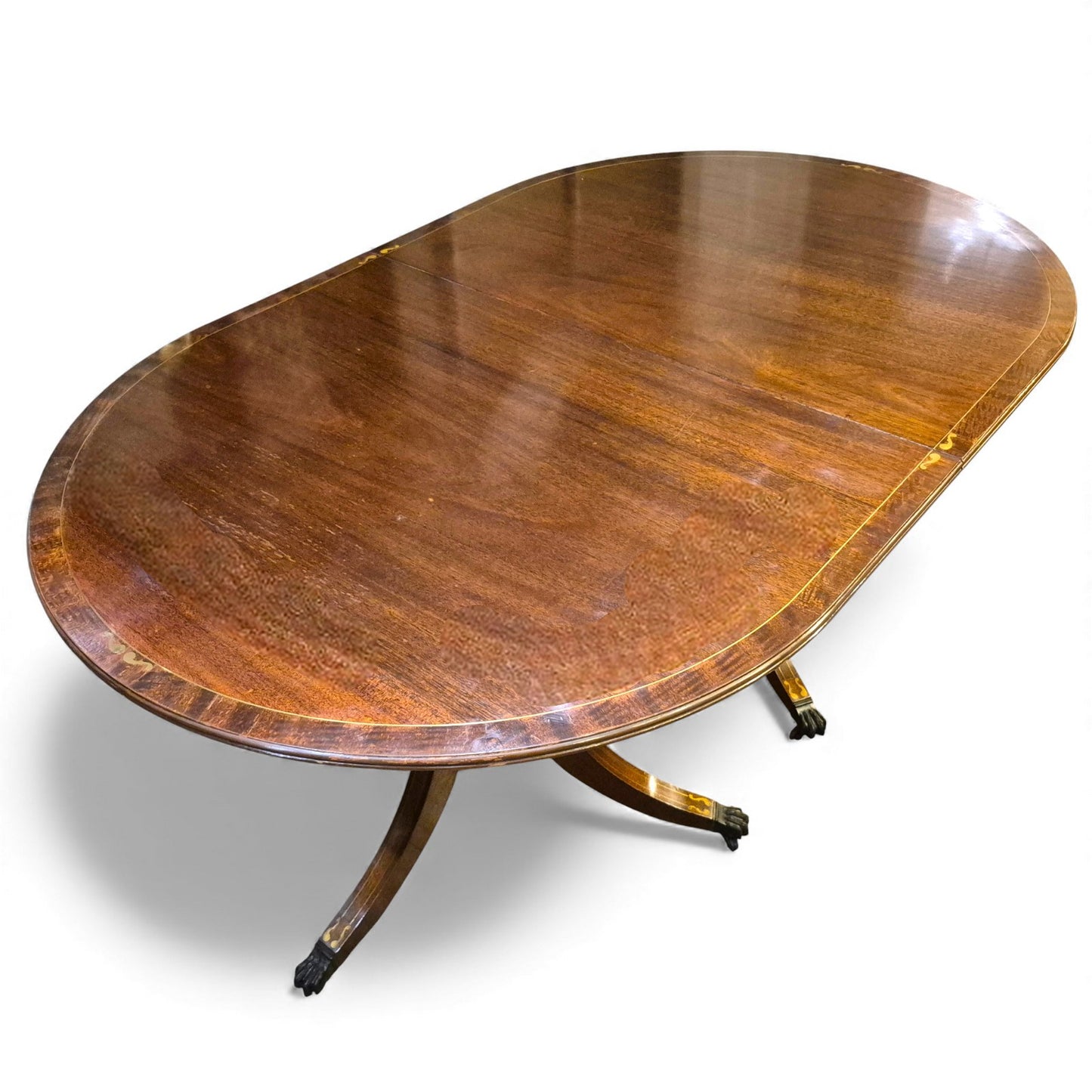 Antique Mahogany Extending Dining Table – Regency Pedestal, Twin Bases & Extension Leaf